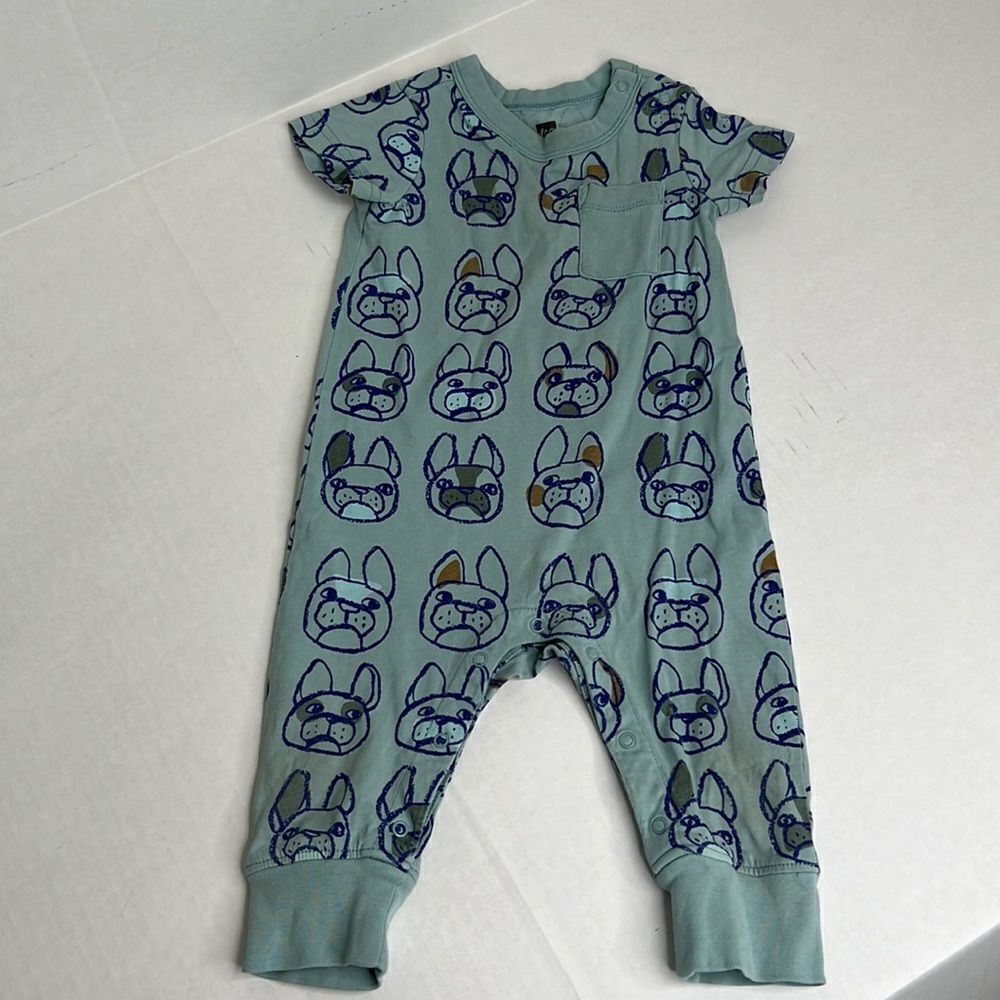 Tea Collection short sleeve blue one piece French Bulldog Print size 6-9 month